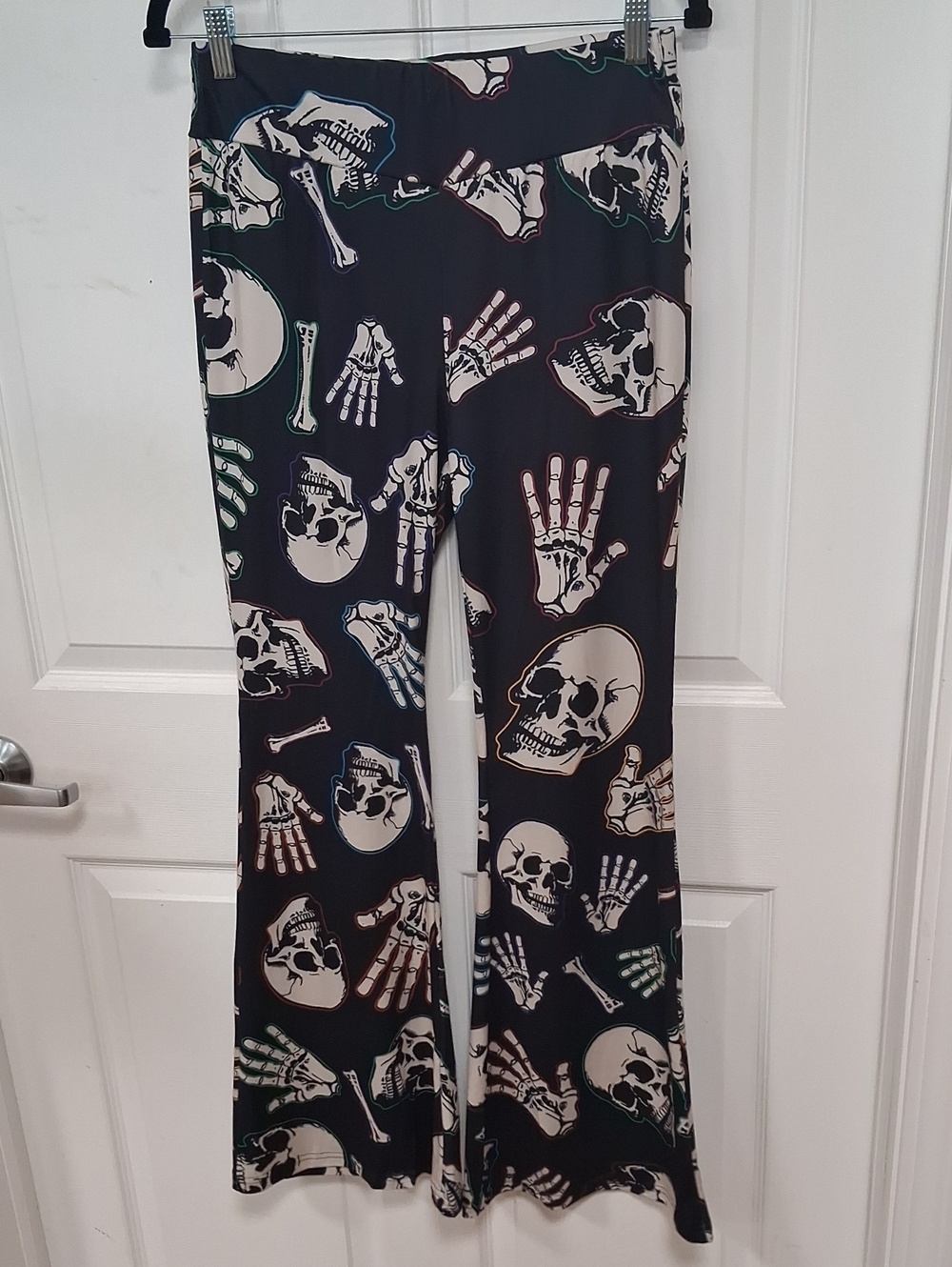 Black Skull & Skeleton Hand Print Flare Pants